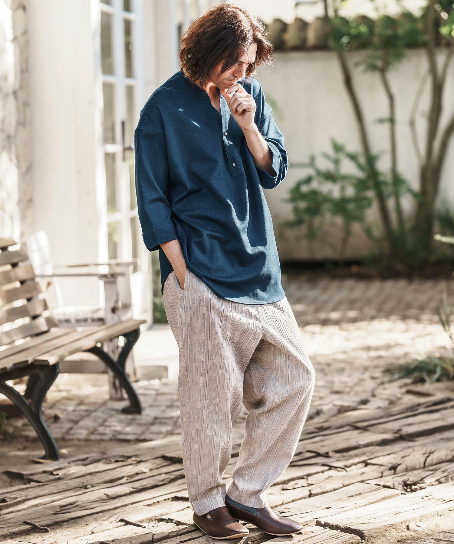 CAMBIO(カンビオ)】Denim Like Drape Henley Neck Concho Button 3-4