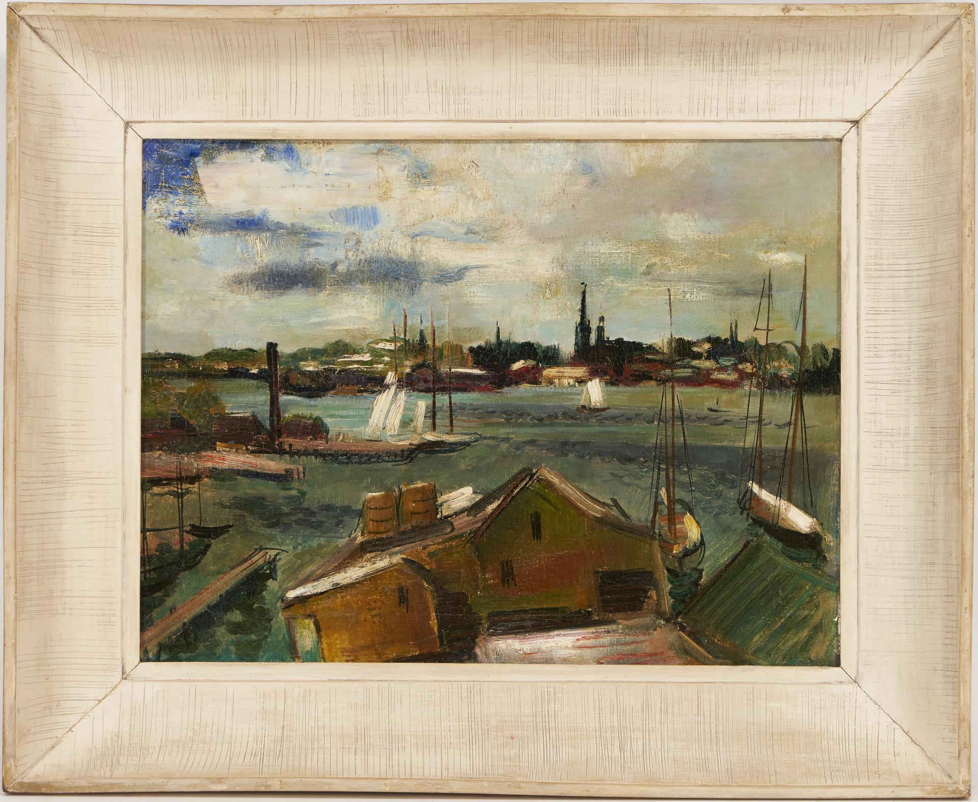 Lot 497: Rudolf Jacobi Oil on Canvas Painting, Harbor Scene | Case