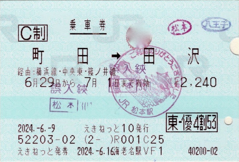 本日の使用切符：JR東日本 えきねっと発券 海老名駅発行 町田➡︎田沢