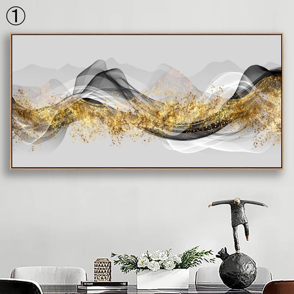 国内発送*フレーム入り抽象画 ゴールド 壁掛けアート 50x100cm