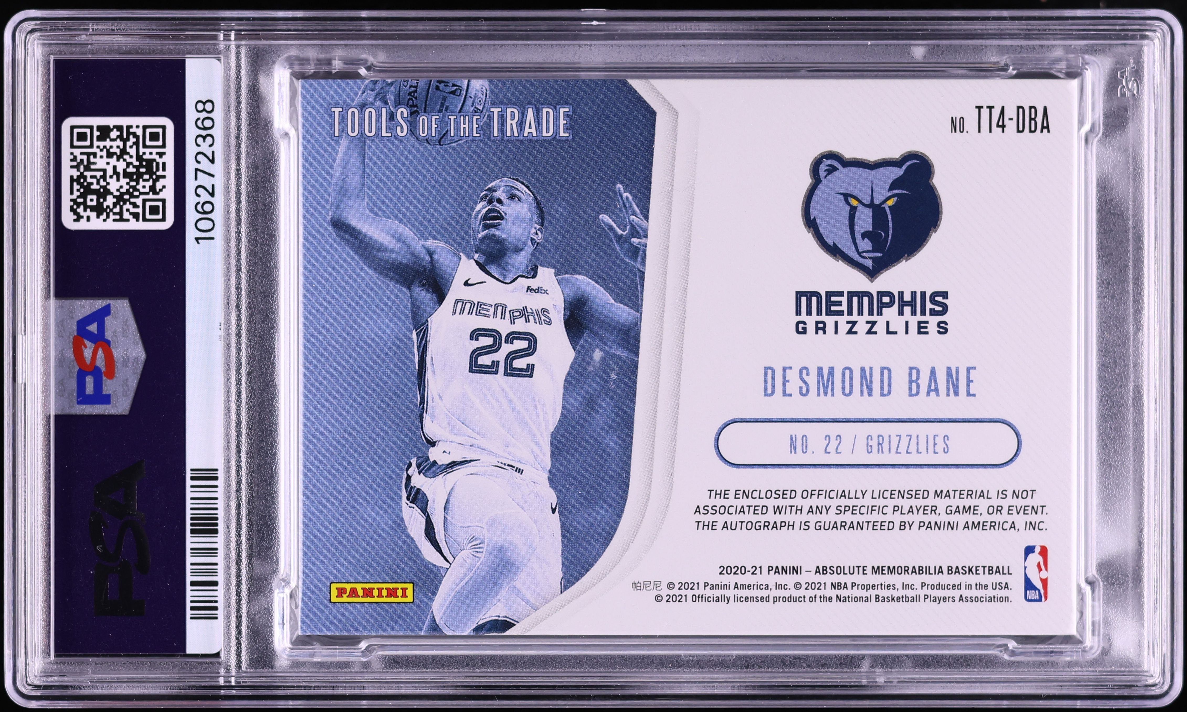 2020 Absolute Memorabilia Level 2 Desmond Bane ROOKIE PATCH AUTO