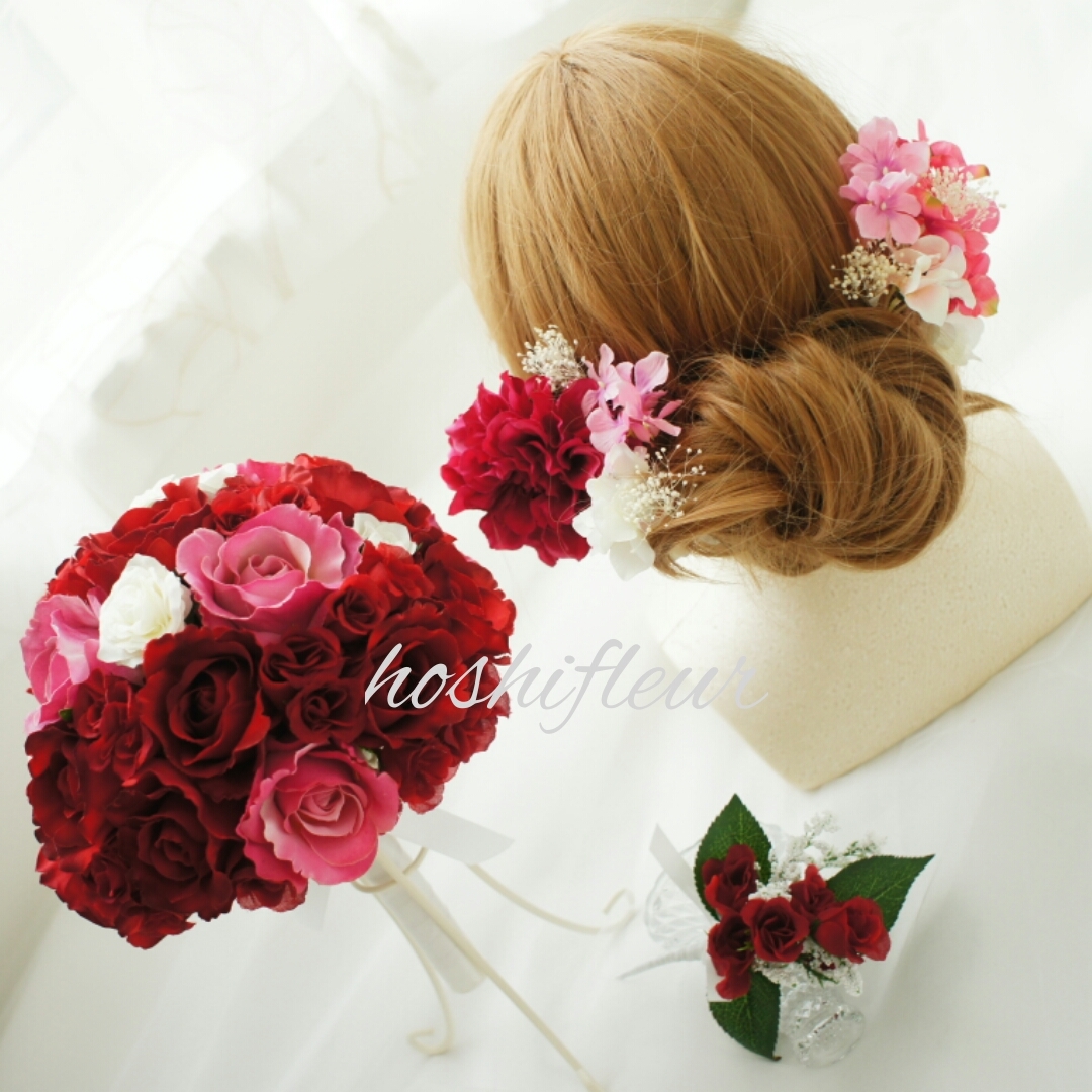 赤薔薇ブーケ+ブートニア+ヘアパーツ | hoshifleur ホシフルール