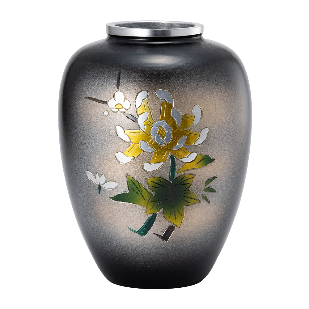 仏壇用花瓶・お盆用花瓶 アルミ製 太夏目型 菊四君子彫金入り (一対) 6