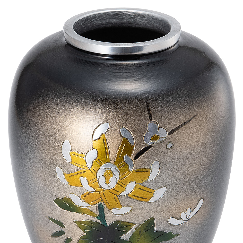 仏壇用花瓶・お盆用花瓶 アルミ製 太夏目型 菊四君子彫金入り (一対) 6