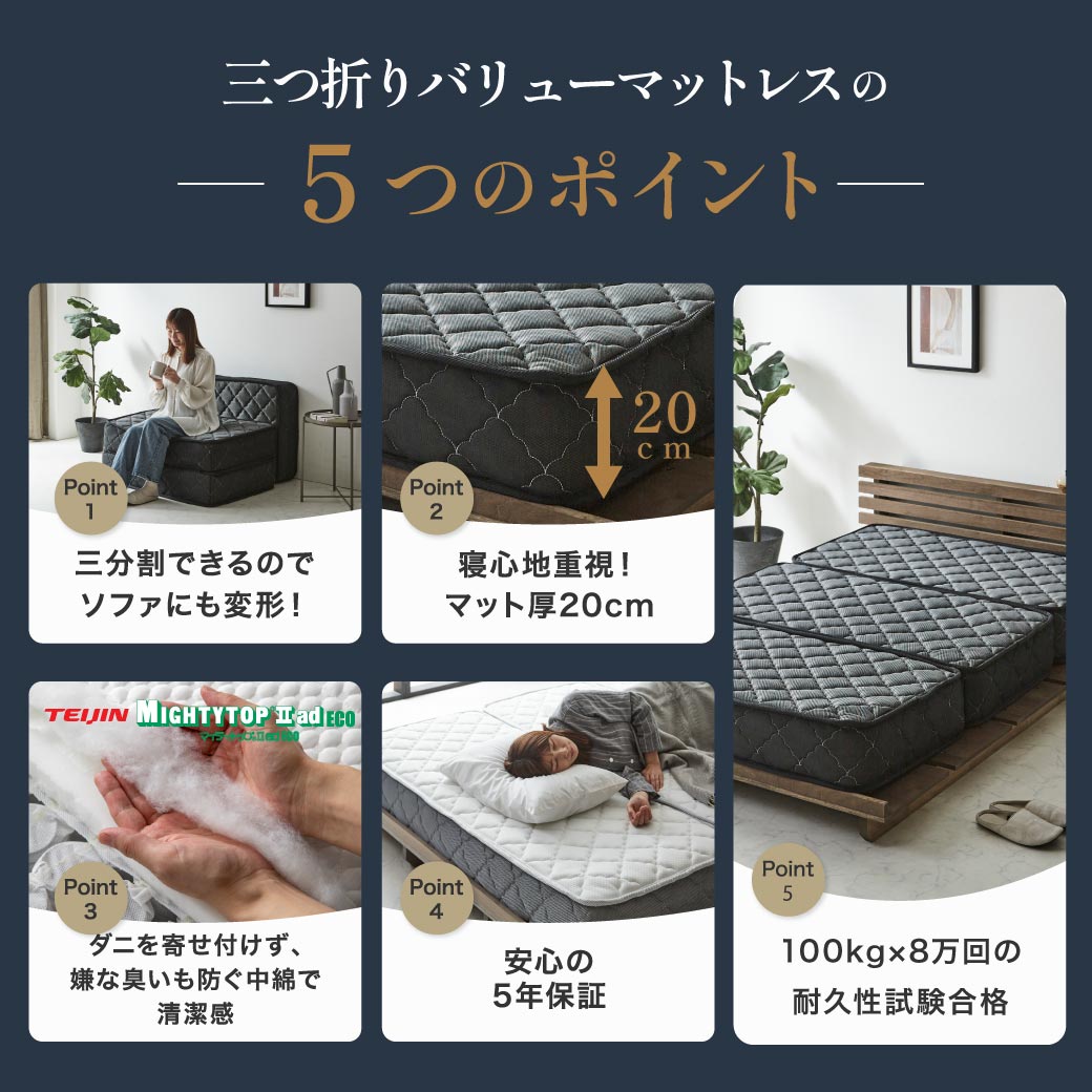 ポケットコイルマットレス 三つ折り 極厚20cm セミシングルショート 高
