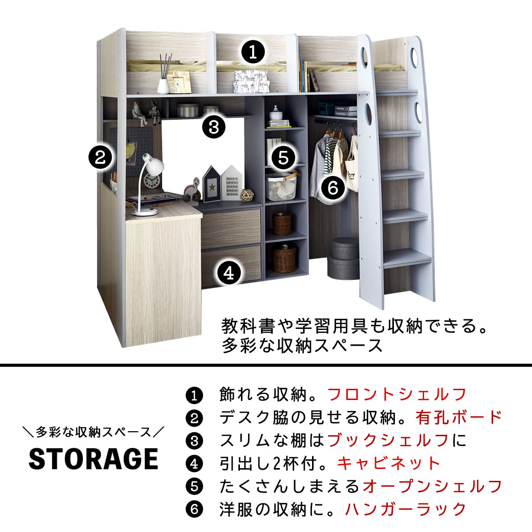 コレットシステムベッド シングル ロフトベッド ハイタイプ 木製