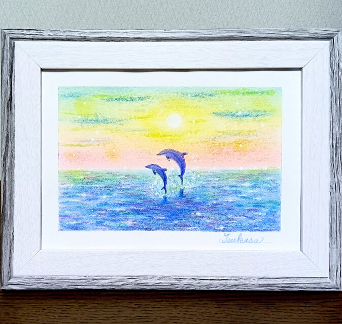海とイルカのパステルアート 夜明け前に パステル画原画 | iichi 日々