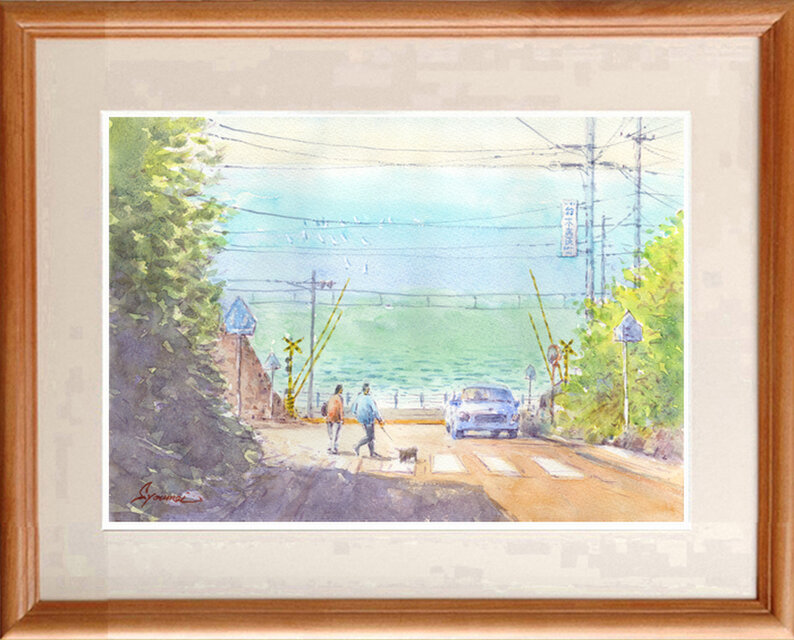 注文制作します 水彩画原画 湘南の海・鎌倉高校前踏切と日坂 ＃463