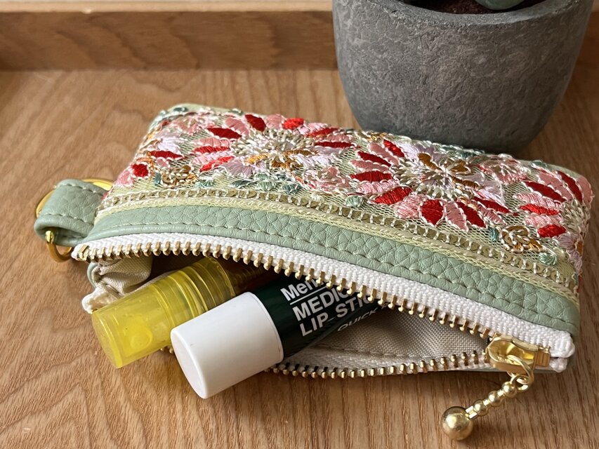 両面インド刺繍ポーチ 10cm フェイクレザー カラビナ④ | iichi 日々の