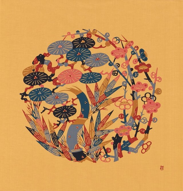 風呂敷 ふろしき 芹沢銈介 松竹梅文 黄色 綿100％ 70cm×70cm | iichi