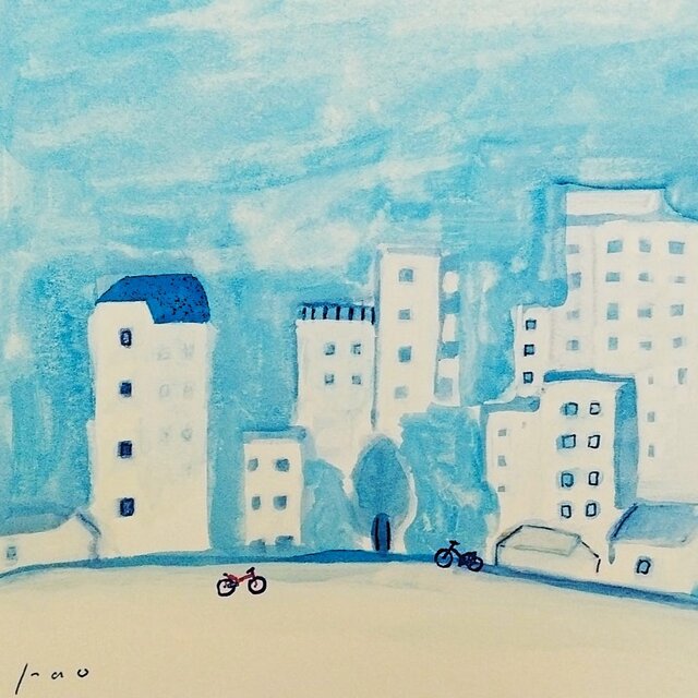朝の町並み」原画 ※木製額縁入り（18㎝角）一点物 水彩 イラスト