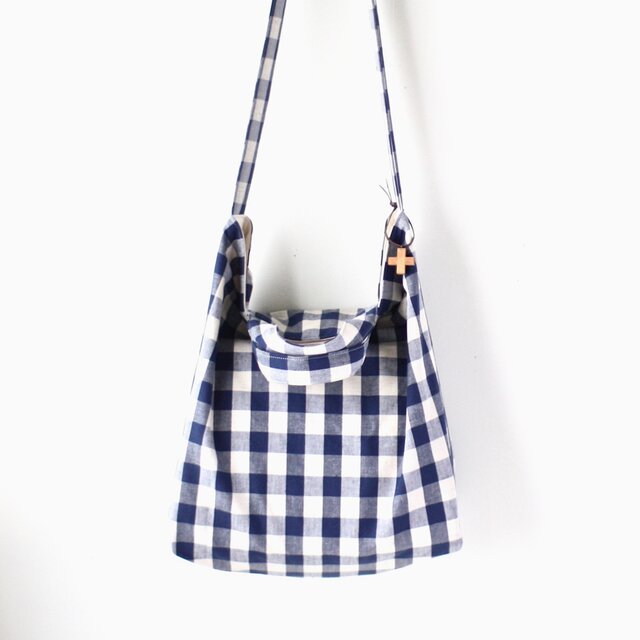綿麻ブロックチェックのくったり2wayショルダーバッグ（L）☆ブルー