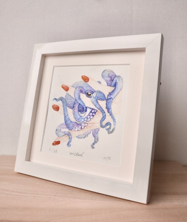 額あり】ホワイト額ガラス面 木版画 スクエア10×10cm 「wicked