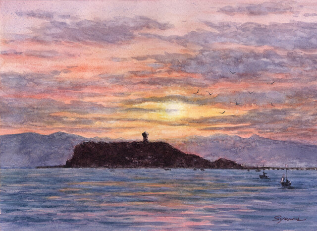 水彩画原画 湘南の夕日・江の島 ＃652 | iichi 日々の暮らしを心地よく
