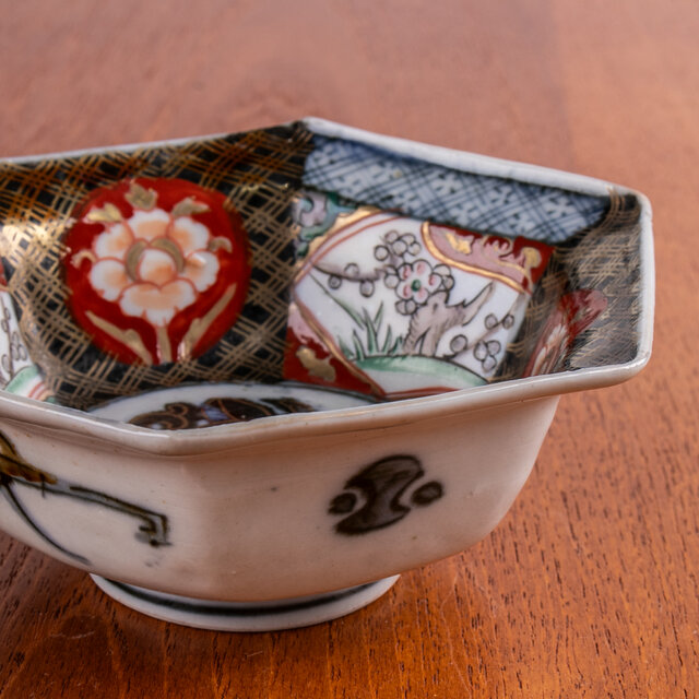 向付 小鉢 4客 色絵 角鉢 壽 瓢箪 花柵 唐草 古伊万里 窯傷 向付 小鉢