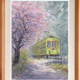 水彩画原画 桜堤と菜の花 ＃590 | iichi 日々の暮らしを心地よくする