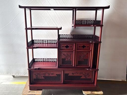 唐木家具 唐木細工 茶箪笥 高さ124㎝ 茶棚 段違い棚 飾り棚 細密透かし