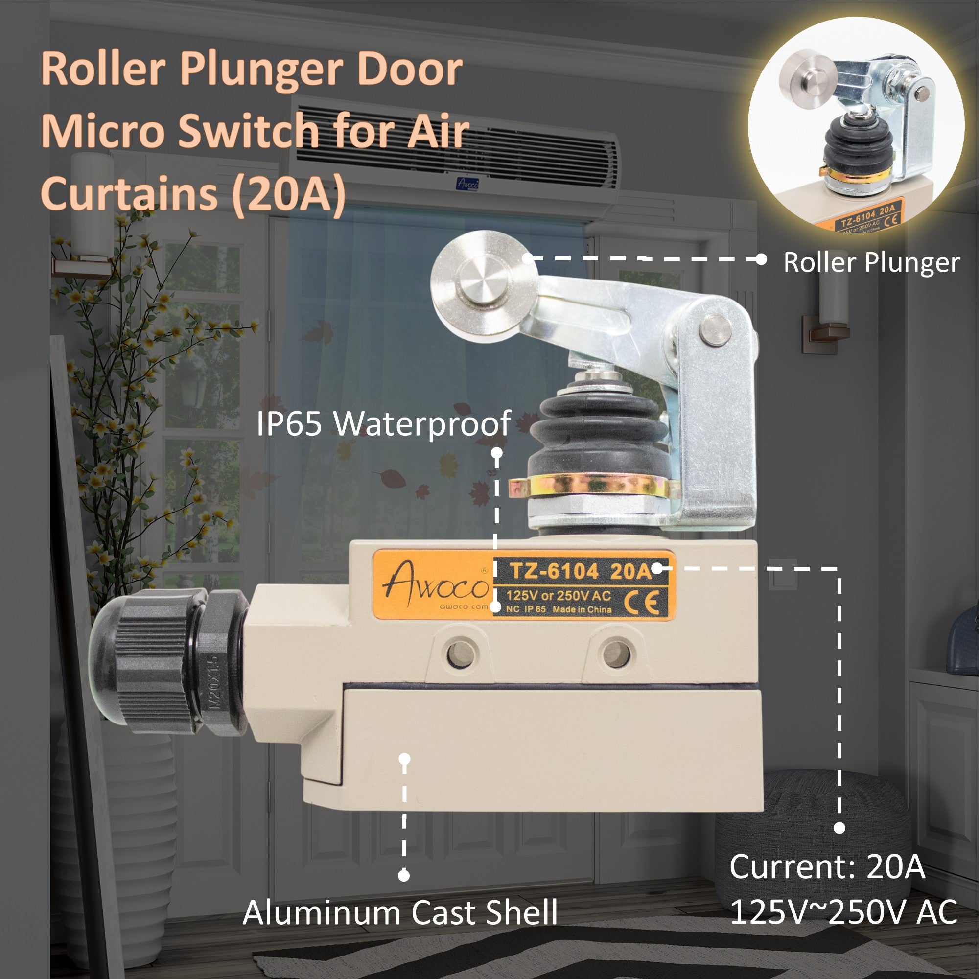Awoco TZ-6104 Heavy Duty Commercial Door Micro Switch with Roller Plun