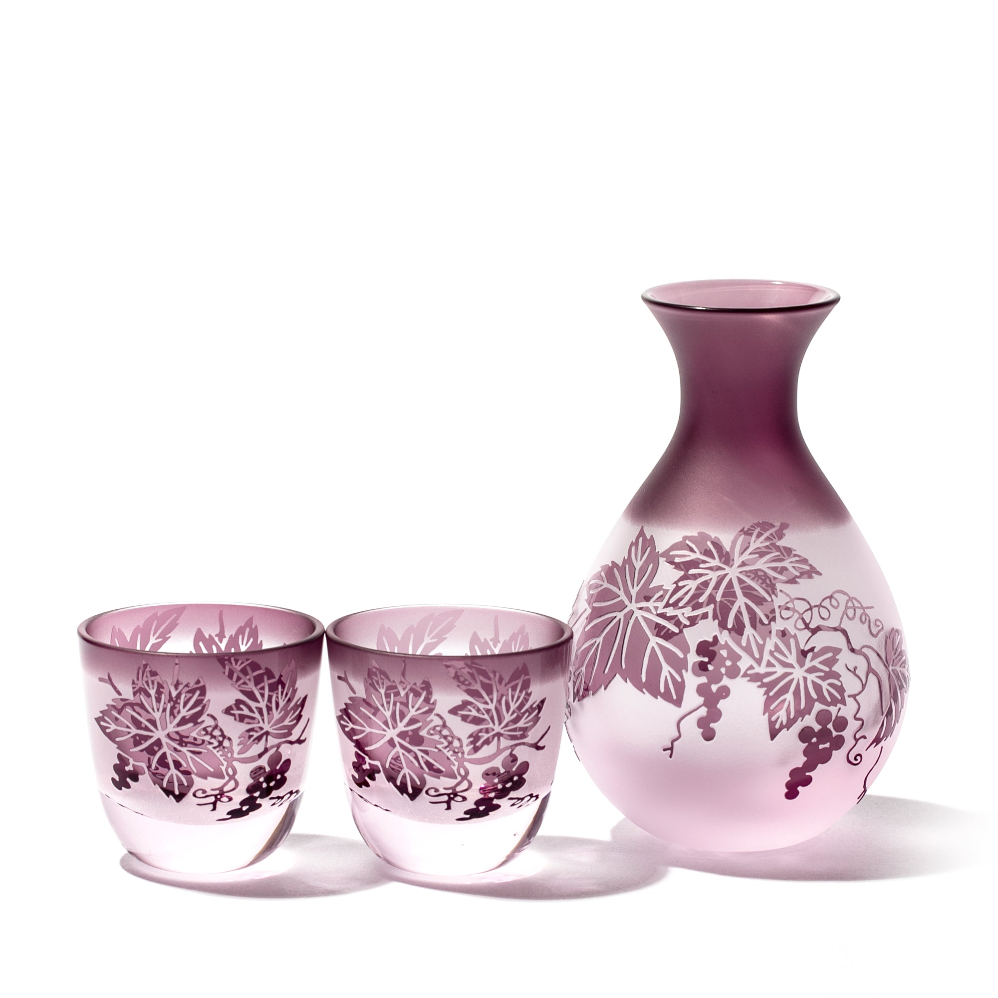 彫刻 夢柄子 ぶどう紋 酒器三点揃 アンバー/パープル 盃55ml 徳利210ml