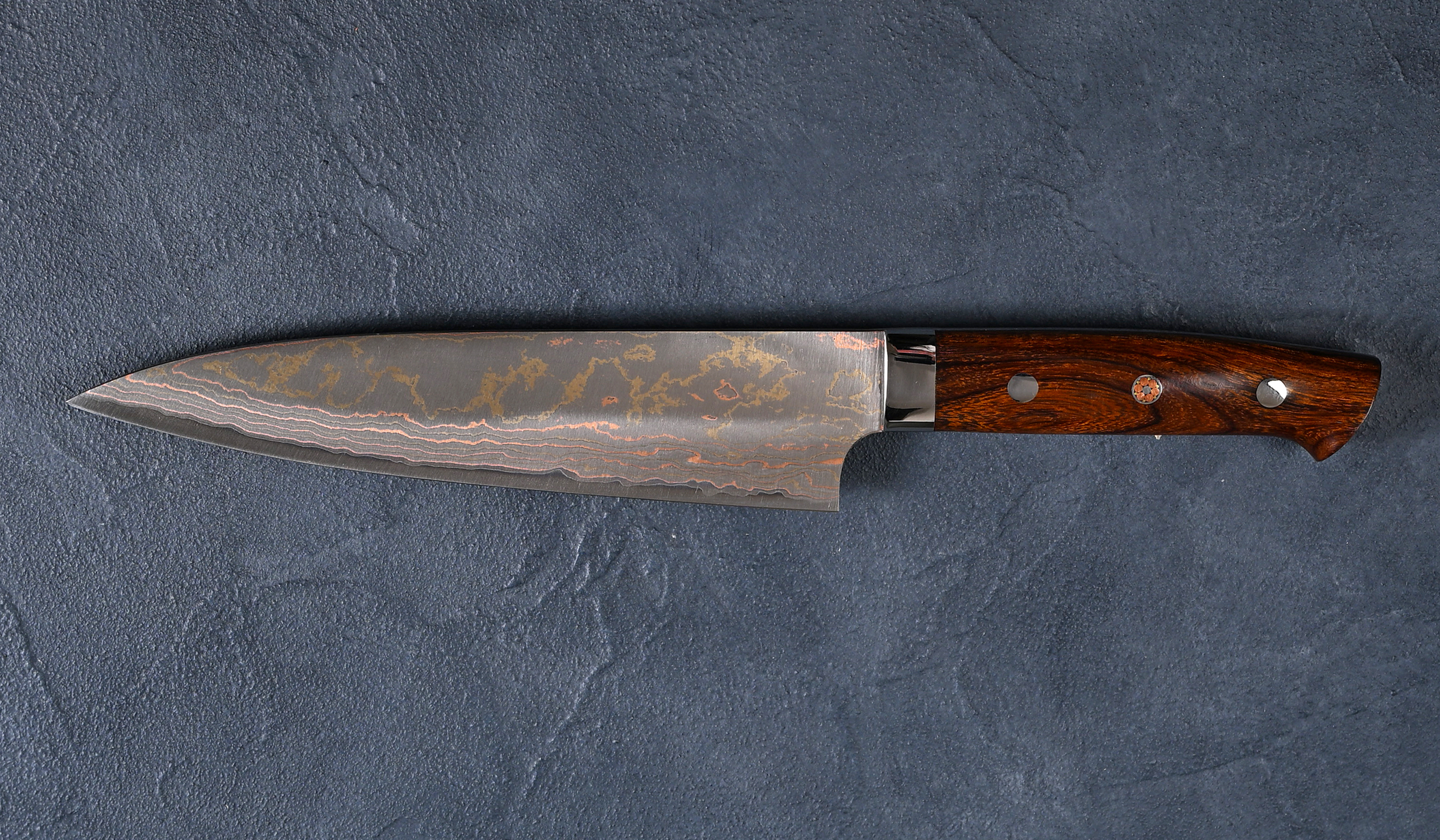 佐治武士 Takeshi Saji 牛刀包丁180mm 青紙鋼 有色ダマスカス アイアン