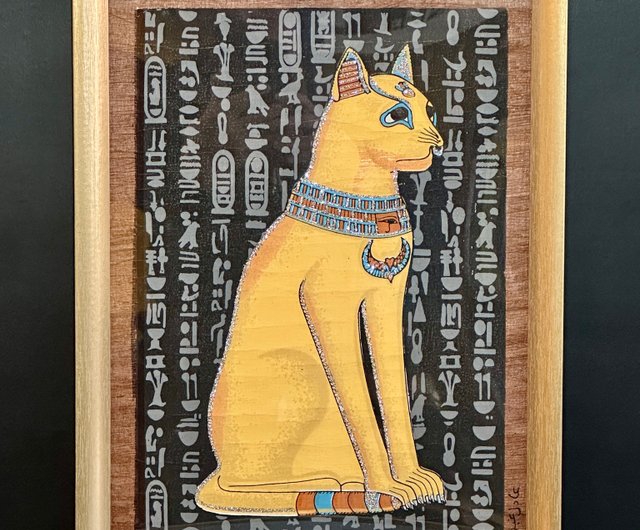 香港 エジプトのパピルス絵画エジプト猫神ゴールデン フレーム黒背景