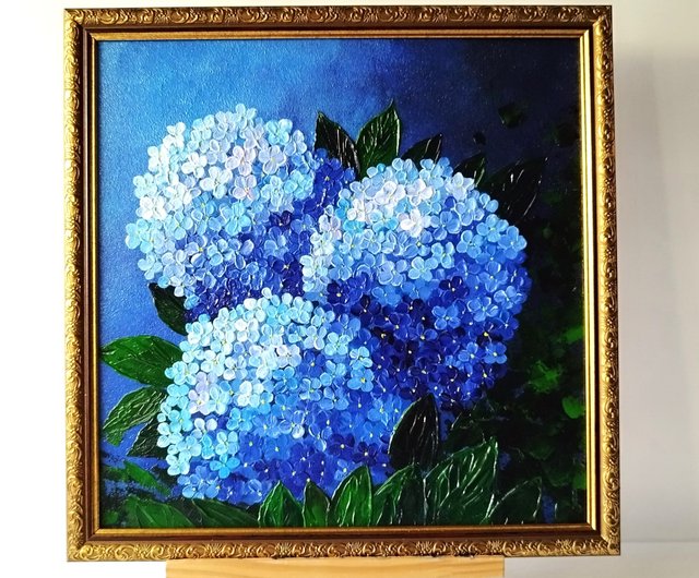 ロシア アジサイの絵 花束原画 青い花 油絵 壁飾り 藍染 Artpainting