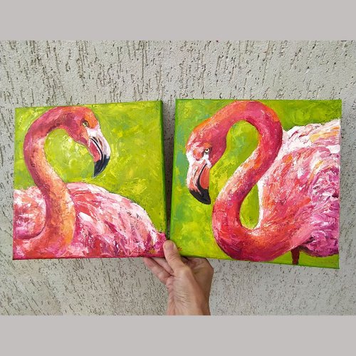 送料無料】ロシア フラミンゴ絵画ピンクの鳥オリジナルアート 2 つの