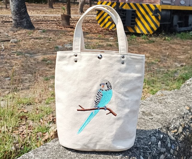 台湾 セキセイインコ 刺繍 ミニトートバッグ 生成りバッグ