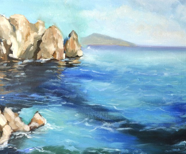 送料無料】ロシア 海の風景オリジナルアート 岩の油絵 海景アート