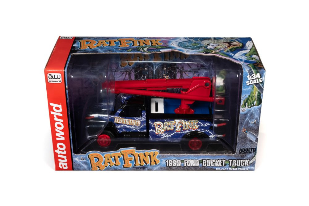 1990 Ford Utility Bucket Truck w/Rat Fink Figurine, Blue & Red