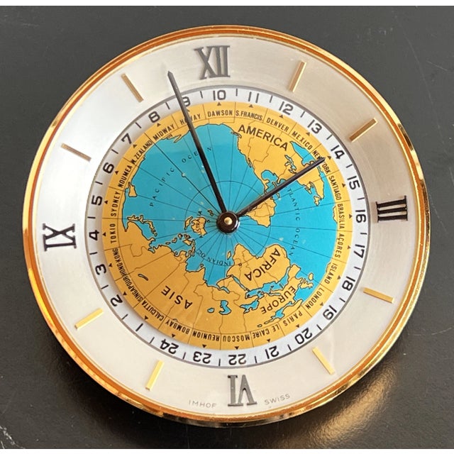 Vintage 1960's Imhof World Time 8 Day Desk Clock in Bronze W/ Box