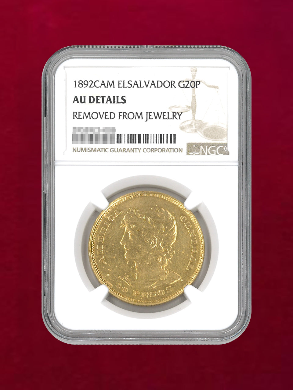 エルサルバドル】20ペソ 金貨 1892CAM NGC AU DETAILS REMOVED FROM