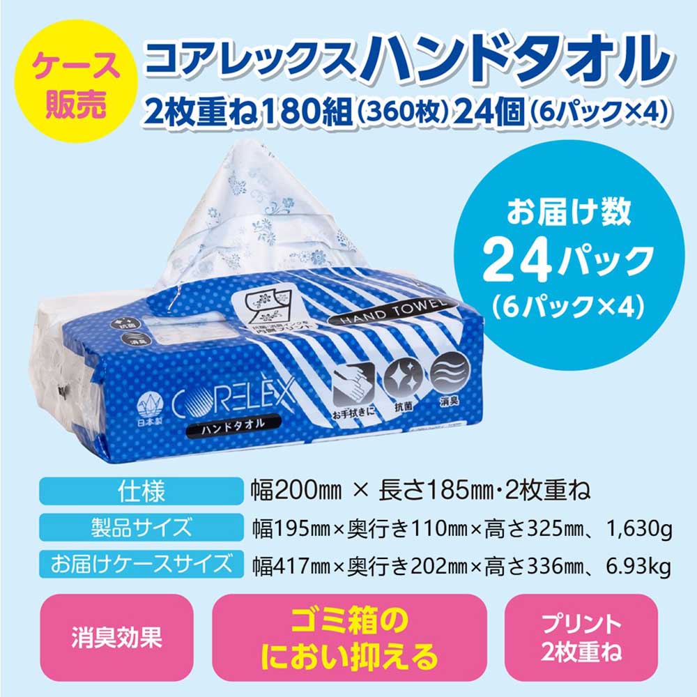 消臭効果】ハンドタオル 180組｜24パック（6パック×4入）［ ソフト