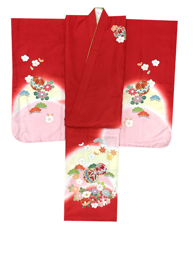 502ag9□七五三 七歳 女児 着物&袋帯&長襦袢 金駒刺繍 毬□状態良好