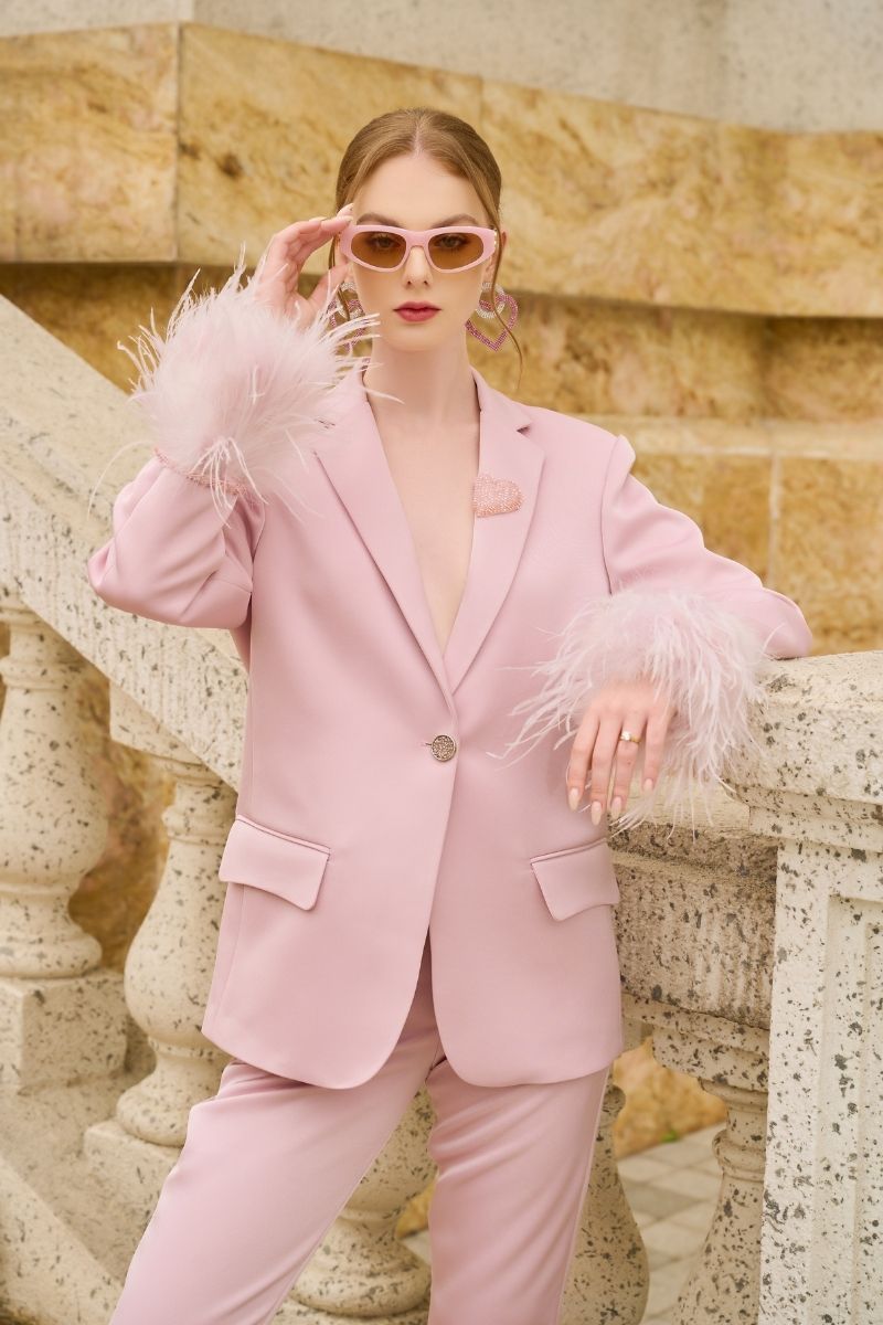 BABY PINK KELLY TAFFETA FEATHER SUIT JACKET AND PANTS SET | CULT