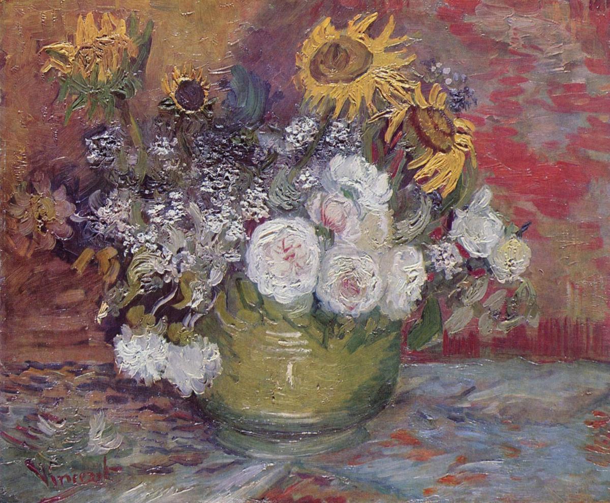 ひまわり、バラ、その他の花のボウル - フィンセント・ファン・ゴッホ