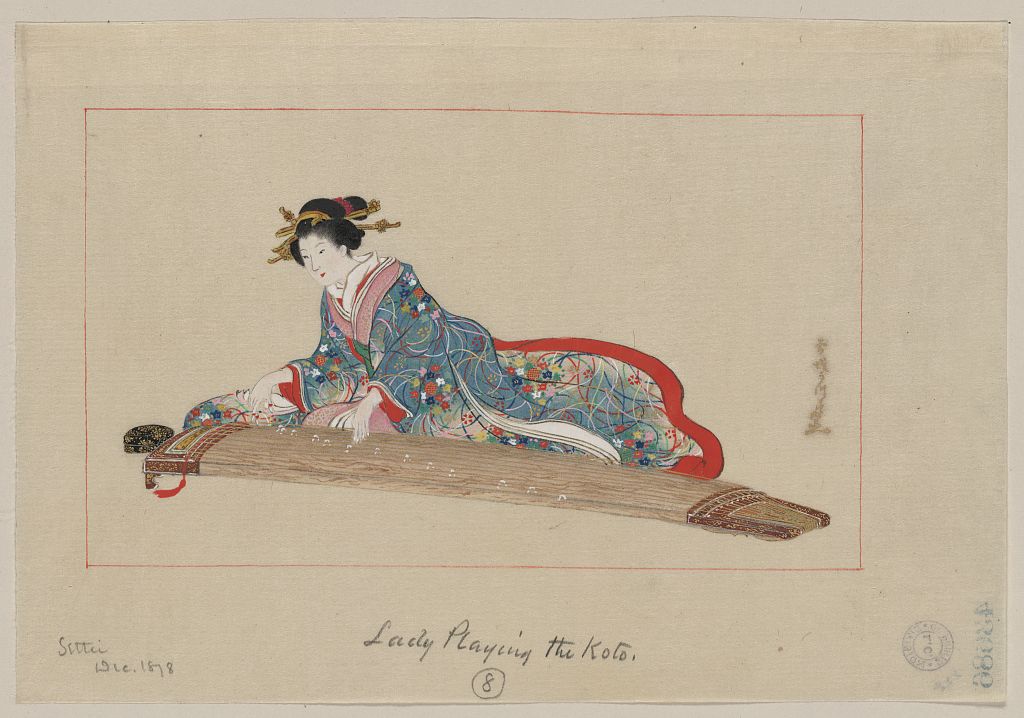 月岡雪鼎による浮世絵「Lady playing the koto」