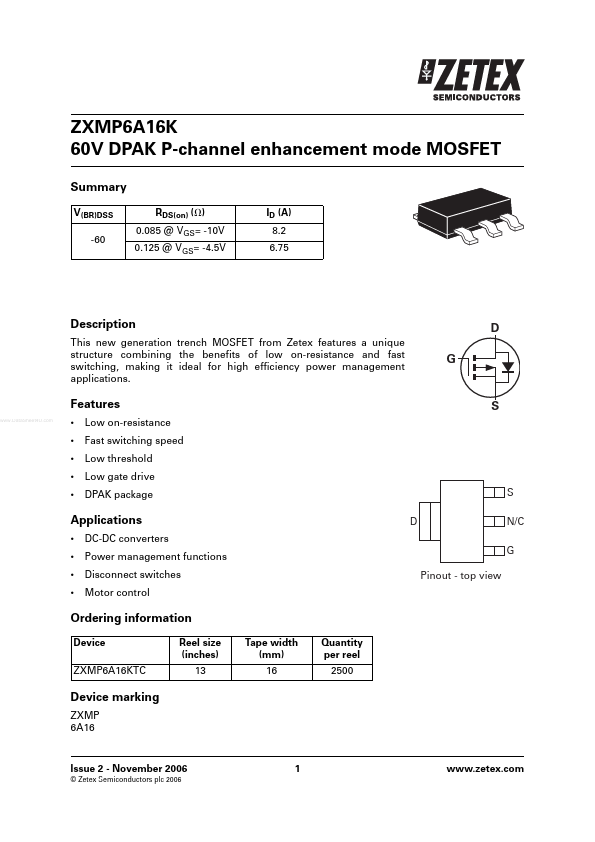 ZXMP6A16K Datasheet PDF (P-Channel MOSFET) | Zetex (now Diodes