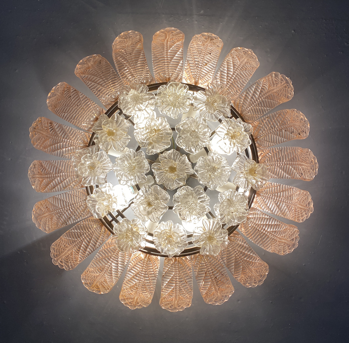 Barovier Toso Glass Flower Flush Mount With Pink Leaves, Italy Mid