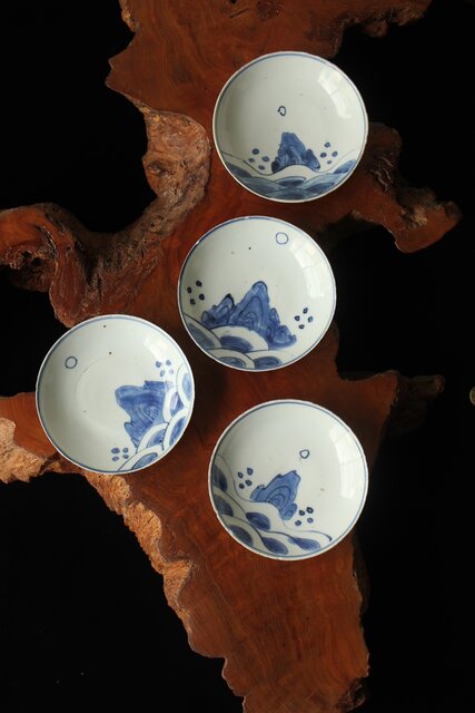 蓬莱山 古染付 小皿 4枚1組 P373｜骨董店 のびる 古美術 骨董 和風建具