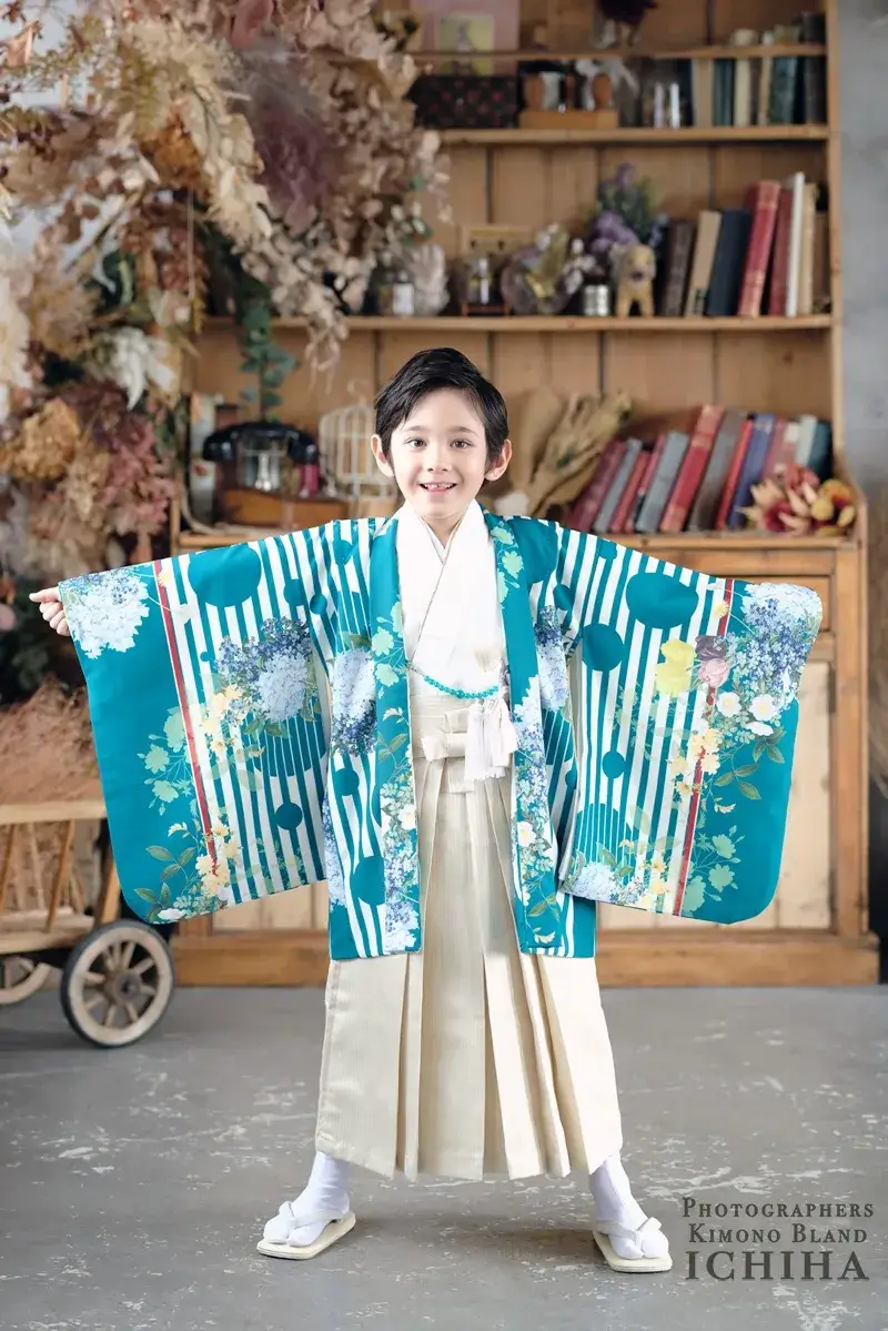 七五三 5歳 男の子 着物｜ストライプ ターコイズ