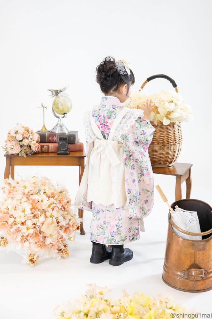 3歳 桜柄ちりめん着物と被布エプロンセット 七五三などに 3歳 桜柄