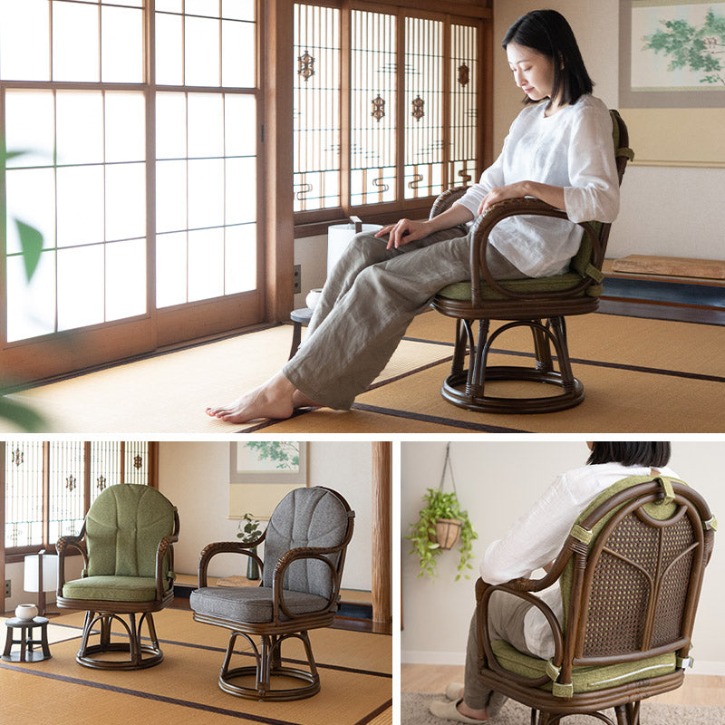 籐家具꧂回転式ラタン高座椅子&ガラステーブルセット アーム チェア