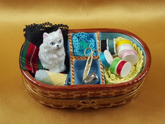 Sewing Basket with Cat - Limoges Boxes and Figurines - Limoges