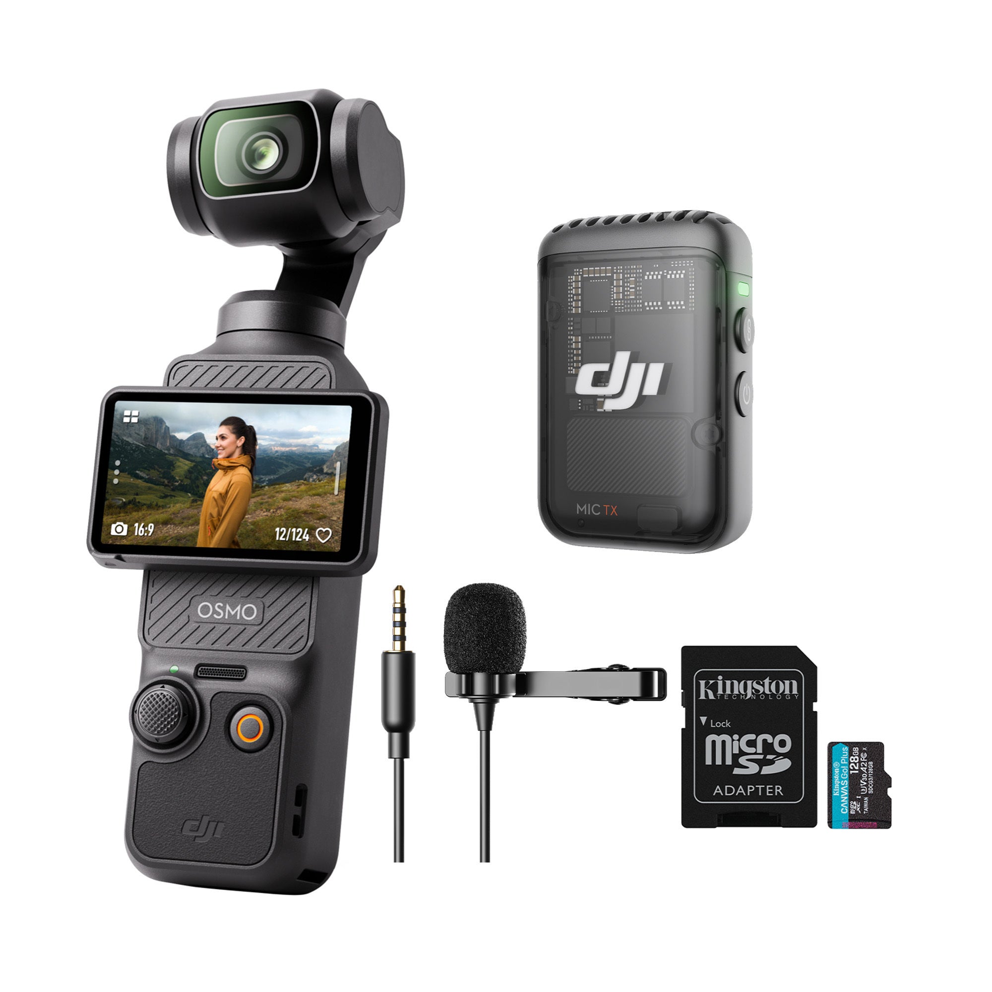 DJI Osmo Pocket 3 with Mic 2 (1 TX, Shadow Black), Lav Mic, and
