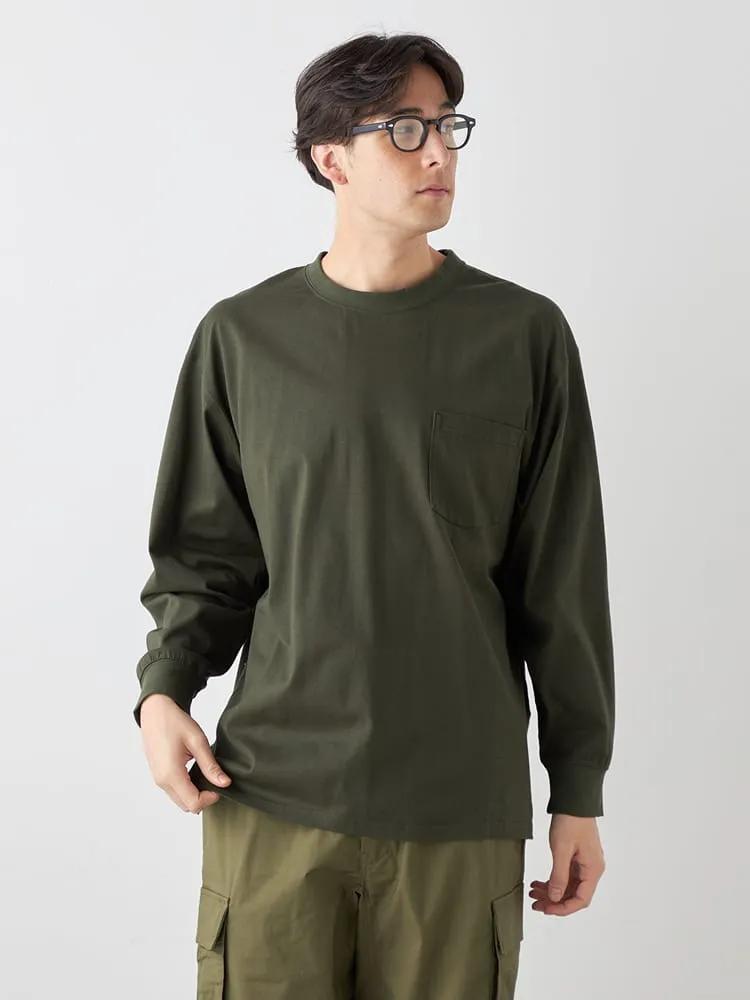 ブラック 【EL.FO】無地ポケット付きタフ衿クルーネック長袖Tシャツ