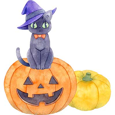 ジャックオランタンの上に座る黒猫と黄色いカボチャの水彩イラスト