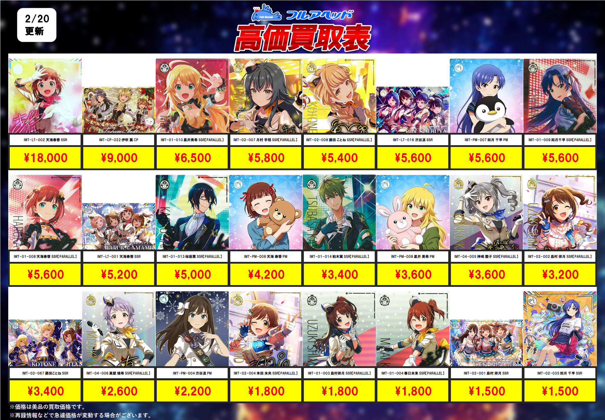 アイドルマスターツアーズ – 【フルアヘッド】高価買取表