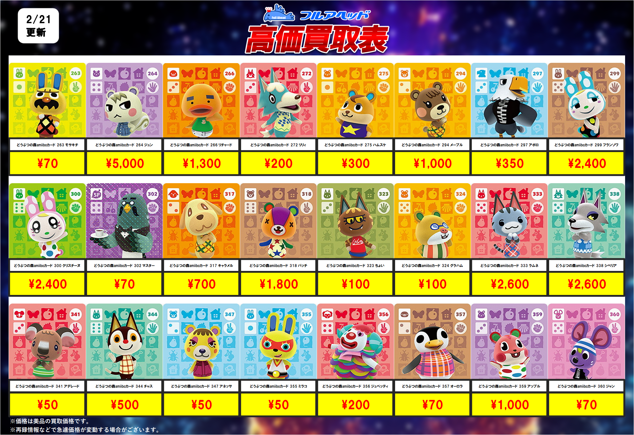どうぶつの森 amiiboカード – 【フルアヘッド】高価買取表