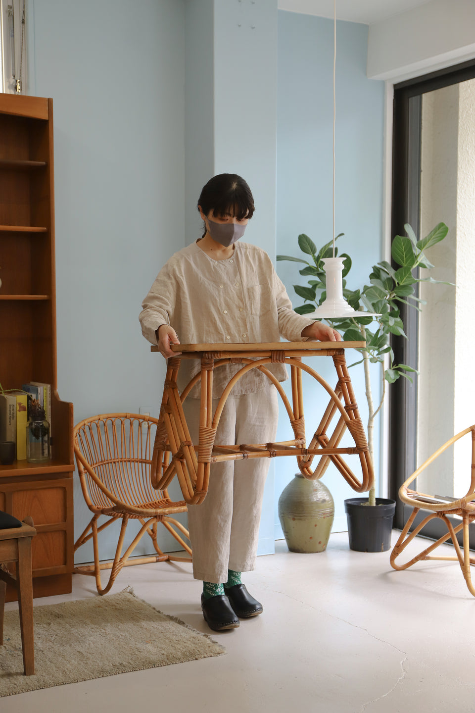 山川ラタン アームチェア 菊椅子 サイドテーブル ジャパンヴィンテージ